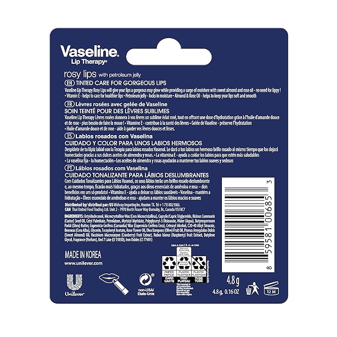 Vaseline Lip Therapy Care Rosy, Fast-Acting Nourishment, Ideal for Chapped, Dry, Cracked, or Damaged Lips, Lip Balm, 4-Pack, 0.16 Oz Each
