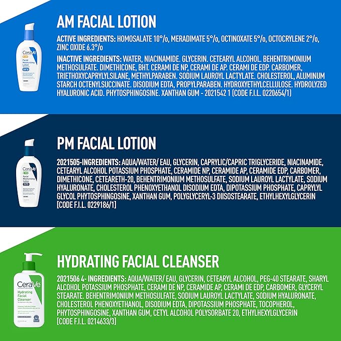 CeraVe AM Face Moisturizer with SPF, PM Face Moisturizer & Hydrating Face Wash Skin Care Routine for Morning & Night | Travel Size Toiletries | 3oz Lotion + 3oz Lotion + 3oz Cleanser