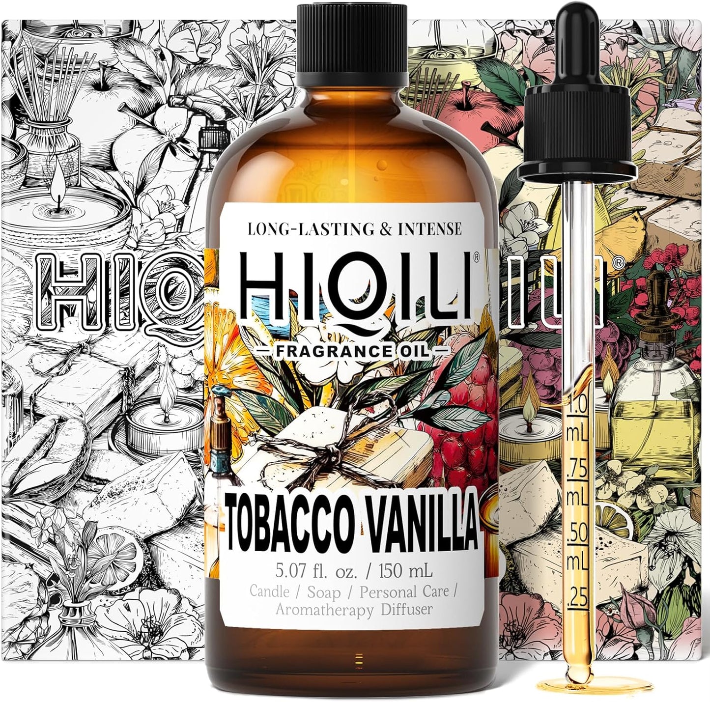 HIQILI Tobacco Vanilla Fragrance Oil for Diffuser, DIY Soap, Candle, Perfume Making, Long Lasting Rich & Spicy Scents - 5.07 Fl Oz