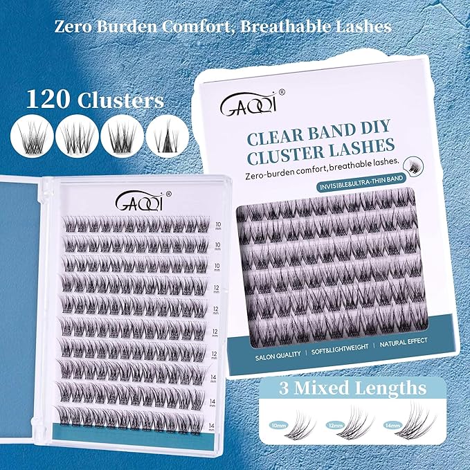 GAQQI Lash Clusters Volume & Wispy Eyelash Clusters 10-14mm Cluster Lashes 120PCS, Cluster Eyelash Extensions C Curl, Ultra-thin & Soft Clear Band False Lashes Wide Band (WING)