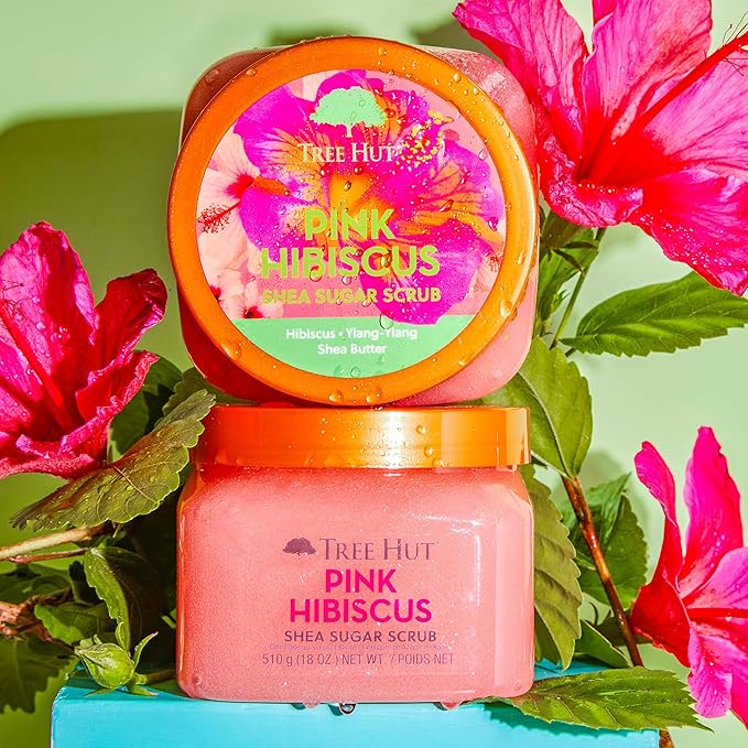 Tree Hut Shea Sugar Scrub - Pink Hibiscus - 18 oz - Exfoliating Body Scrub for Smooth, Glowing Skin - Made with Real Sugar and Shea Butter