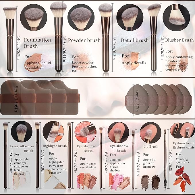 10 Piece Black brown Makeup Brushes and 10 Piece Makeup Sponge – Wooden Handle,with Soft Synthetic Bristles,|Professional Makeup Brushes set for Women & Girls|